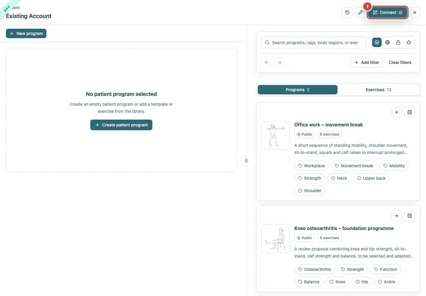 Patient workspace with the Connect button highlighted.