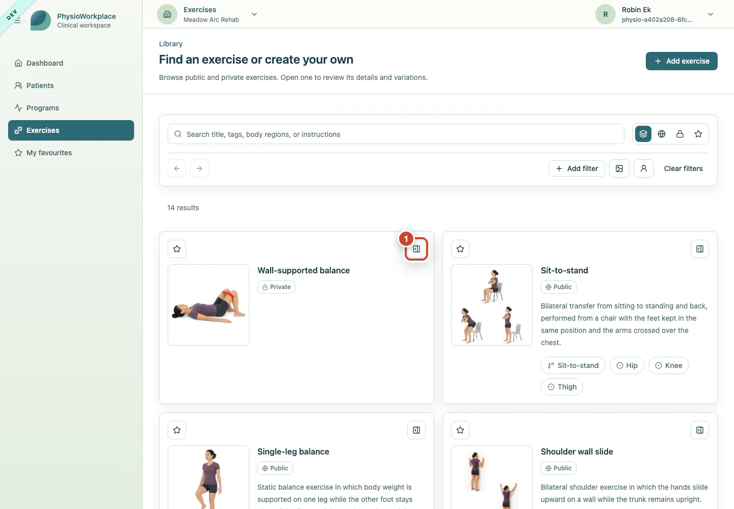 Exercise library with the button for opening the owned exercise highlighted.