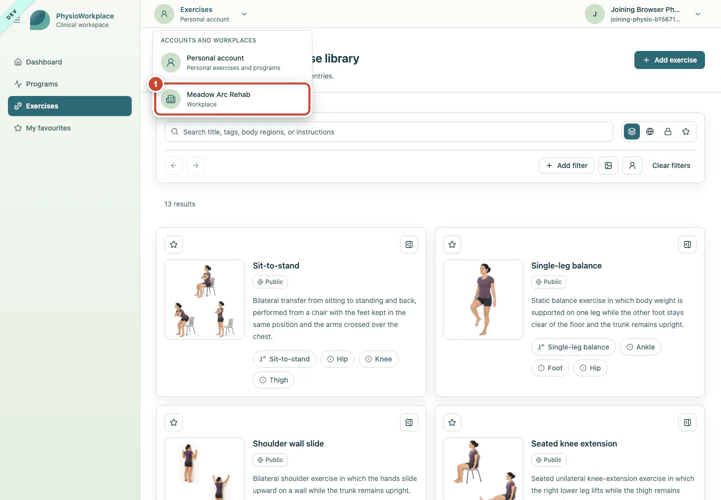 Account menu with the approved workplace highlighted.