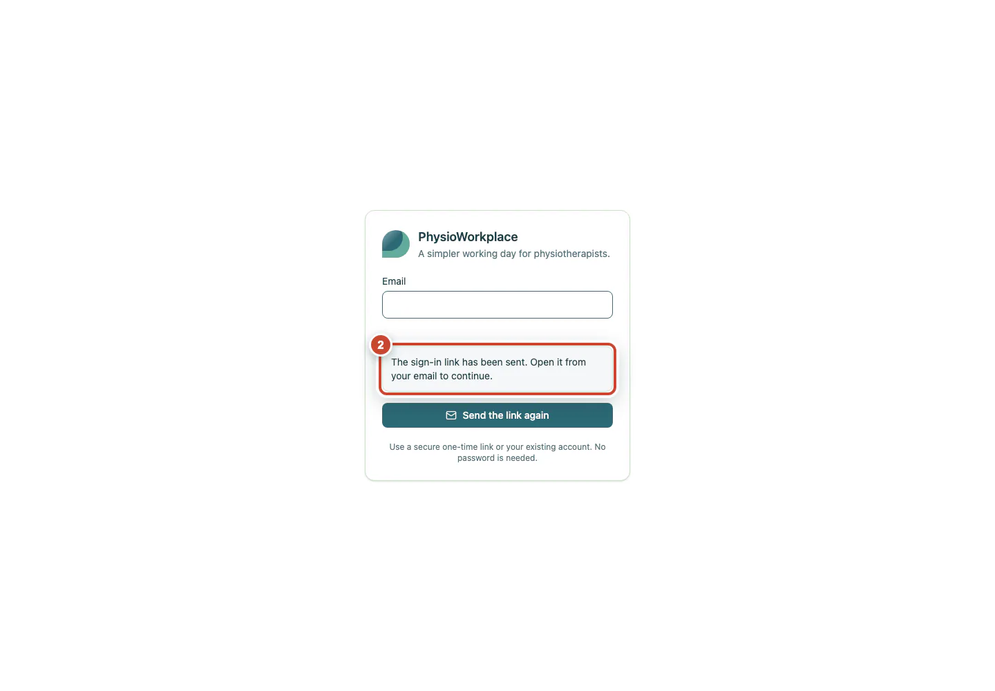 The sign-in page after the personal link has been sent.