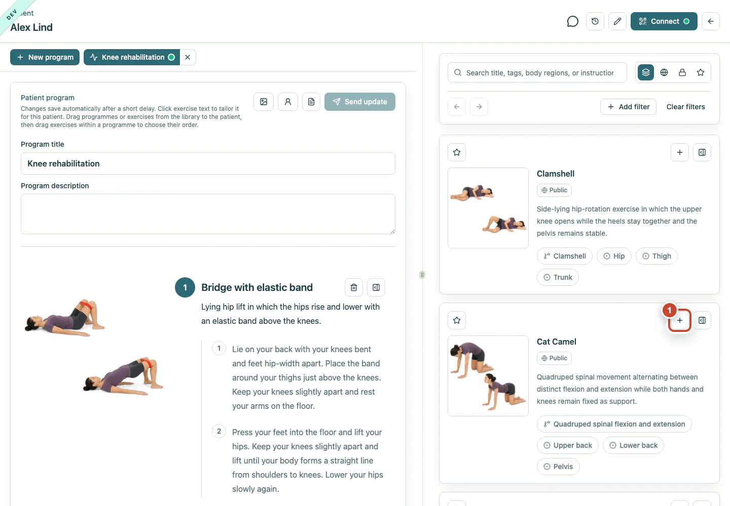 Exercise library with the add-to-programme button highlighted.