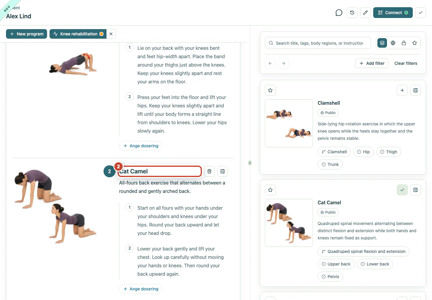 Patient programme showing the newly added exercise.
