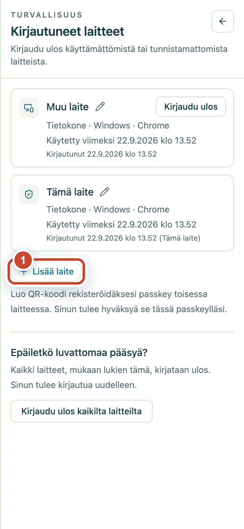 Kirjautuneet laitteet -sivu, jossa Lisää laite -painike on korostettu.