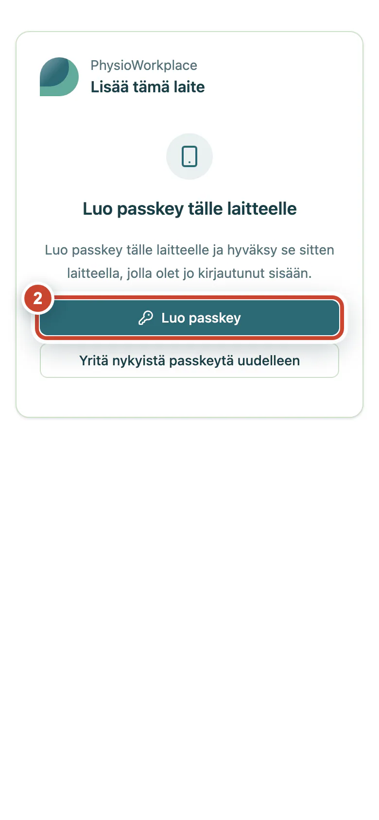Uuden laitteen sivu, jossa Luo passkey -painike on korostettu.