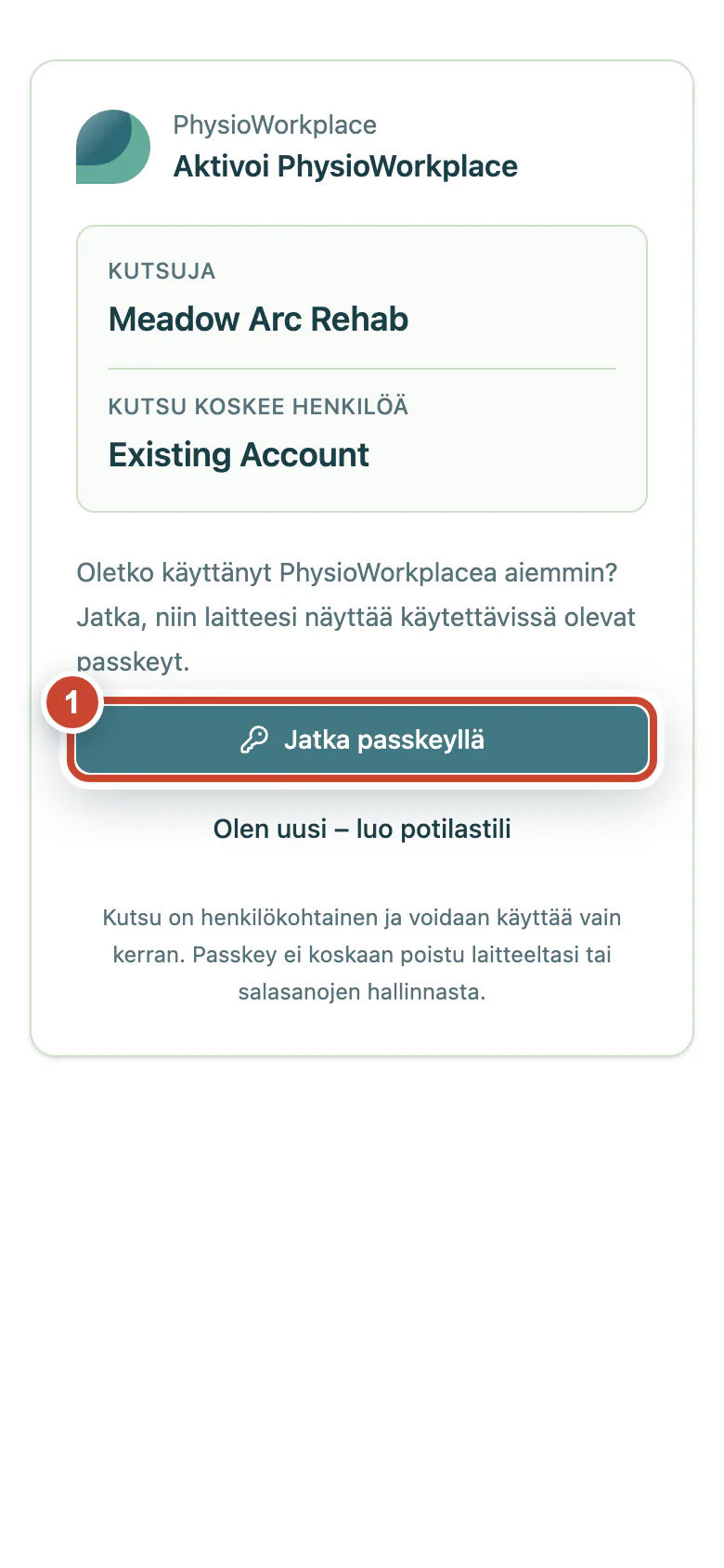 Potilaskutsu, jossa Jatka passkeyllä -painike on korostettu.
