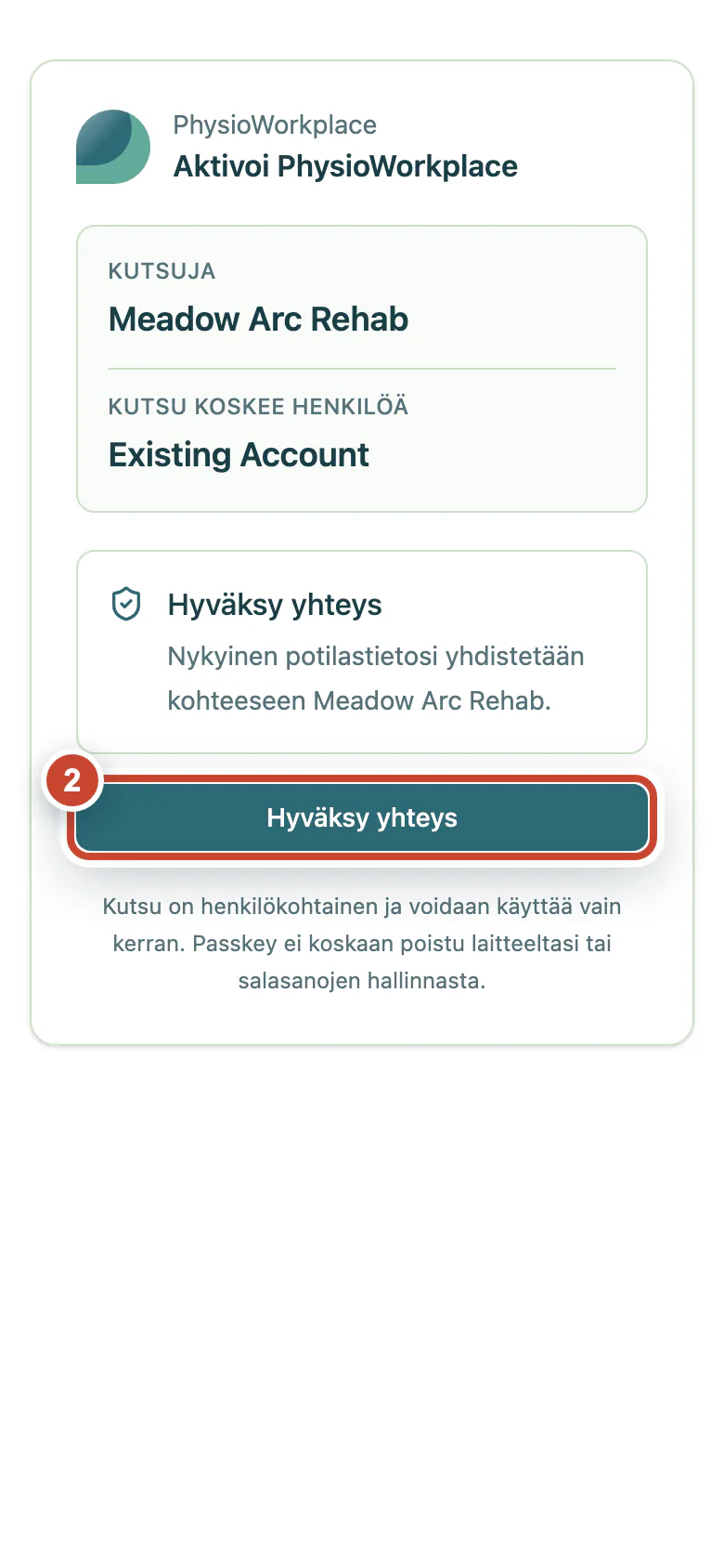 Vahvistussivu, jossa Hyväksy yhteys -painike on korostettu.