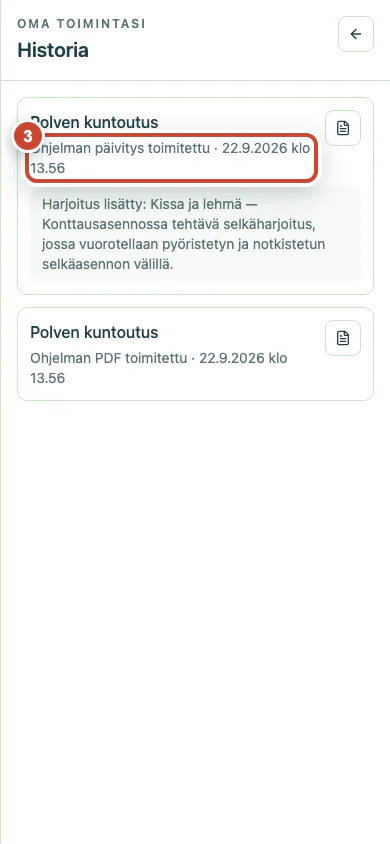 Toimitushistoria, jossa uusin ohjelmapäivitys näkyy.