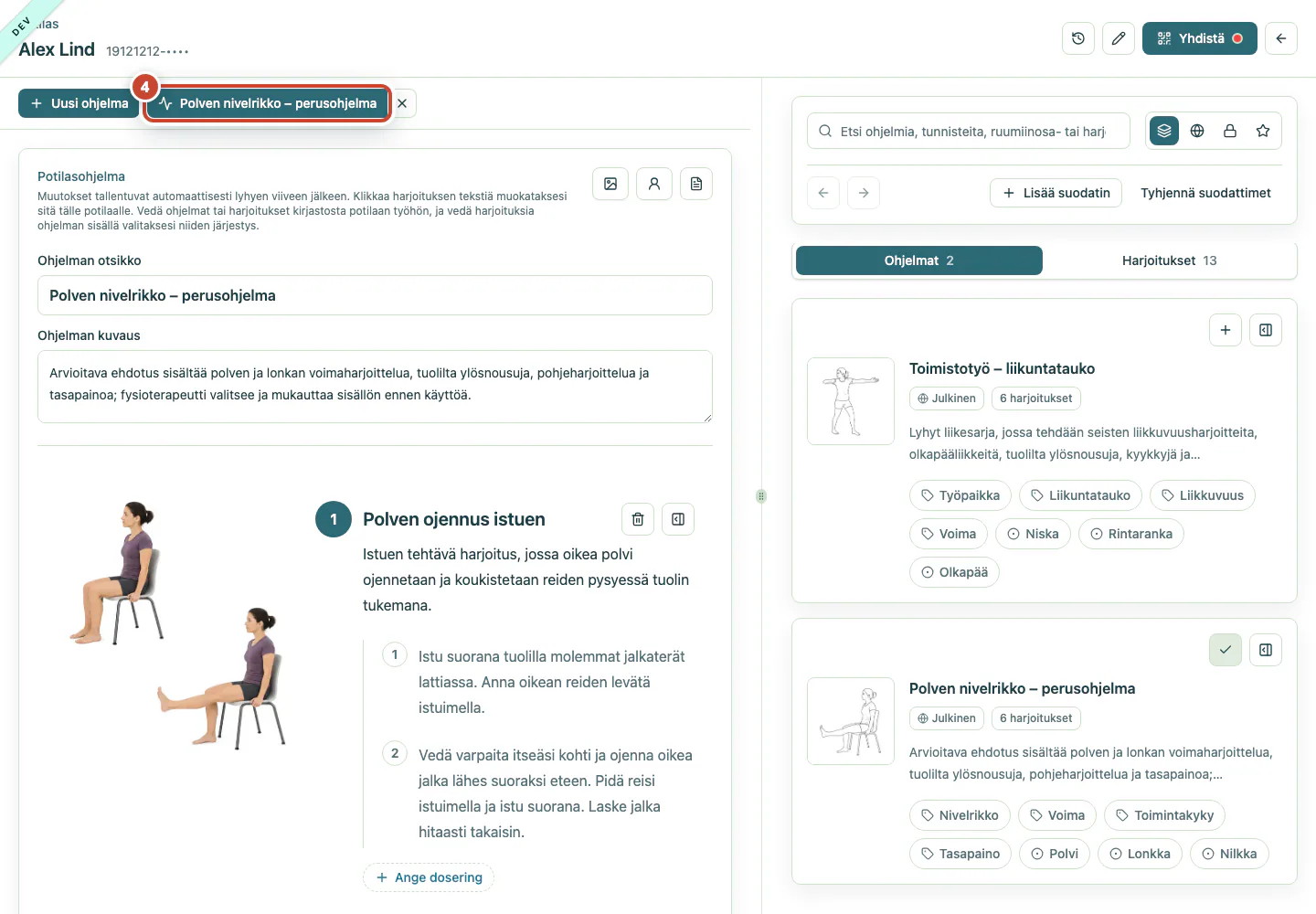 Ohjelmatyötila, jossa Polven nivelrikko – perusohjelma on valittu.