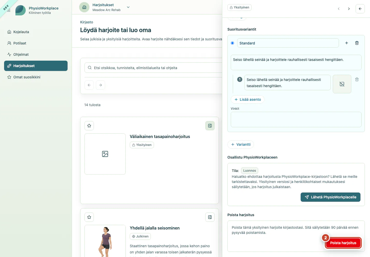 Harjoitemuokkain, jossa Poista harjoite -painike on korostettu.