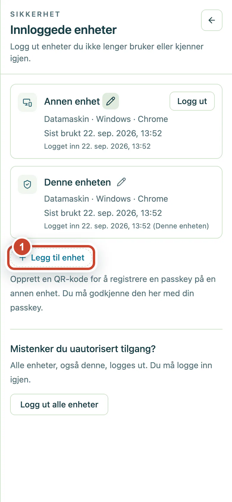 Siden Innloggede enheter med knappen Legg til enhet markert.
