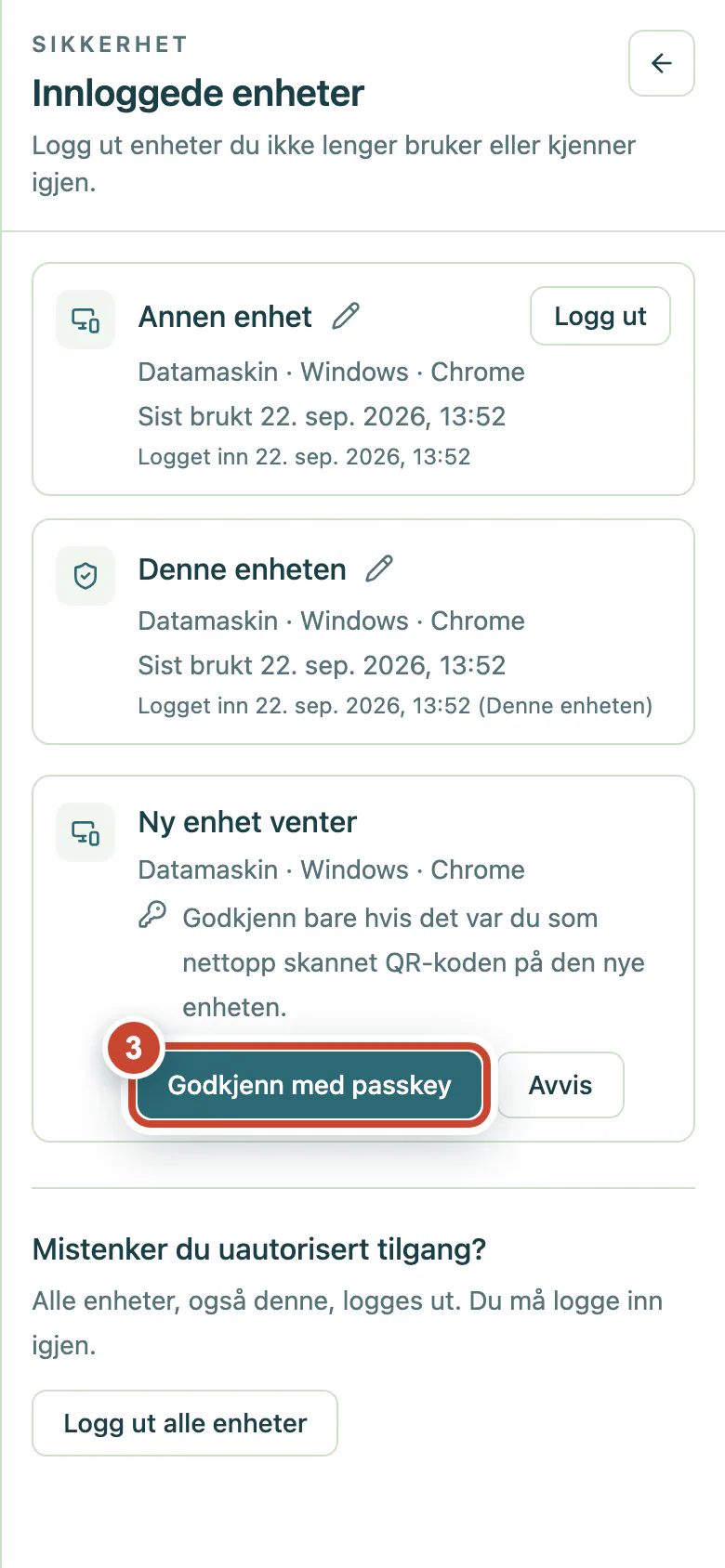 Forespørsel om en ny enhet med knappen Godkjenn med passkey markert.