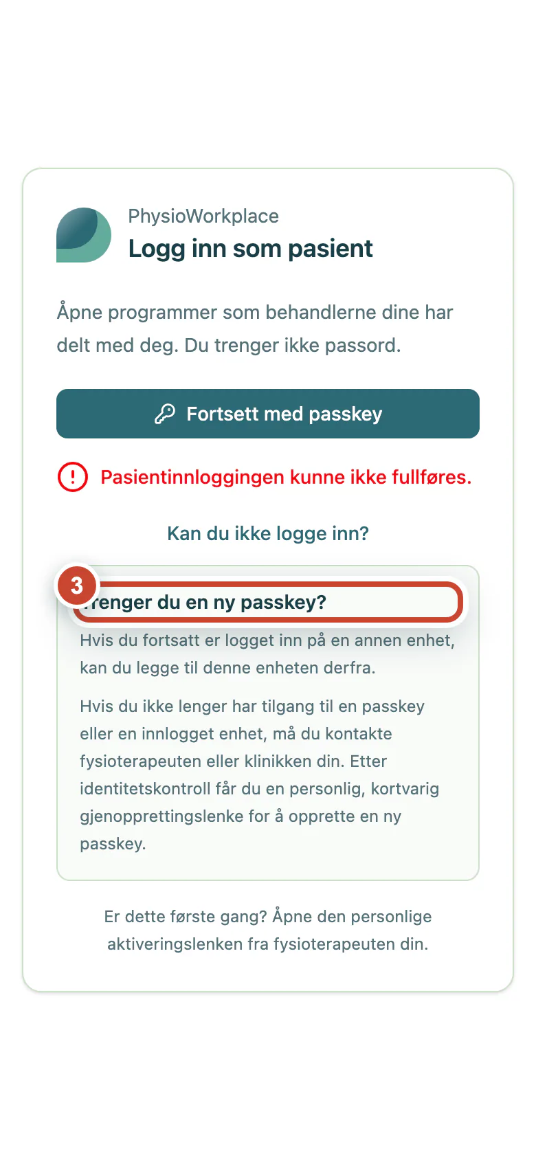 Åpen innloggingshjelp med to alternativer for å få en ny passkey.