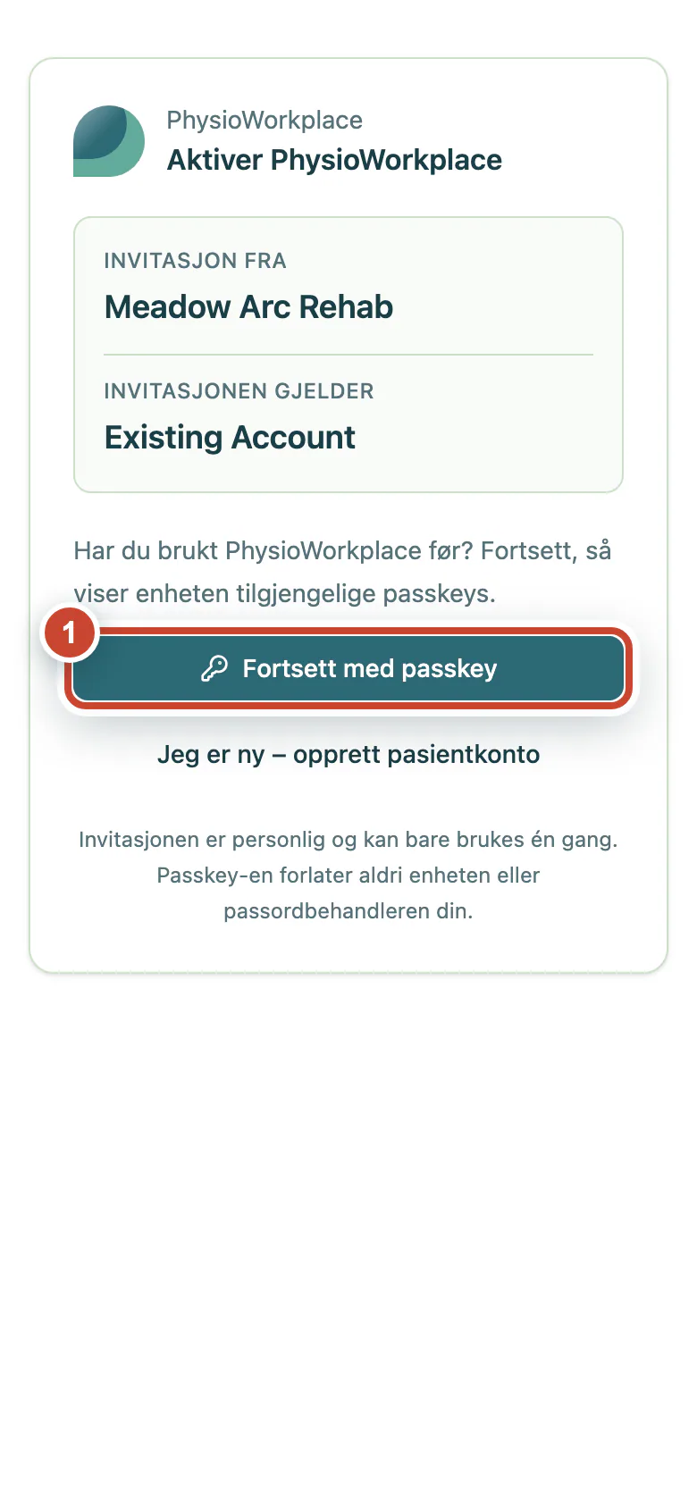 Pasientinvitasjon med knappen Fortsett med passkey fremhevet.