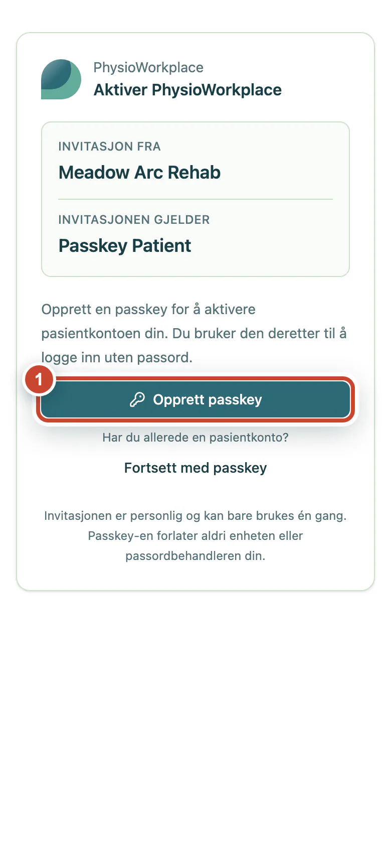 Personlig aktiveringsinvitasjon med knappen Opprett passkey markert.