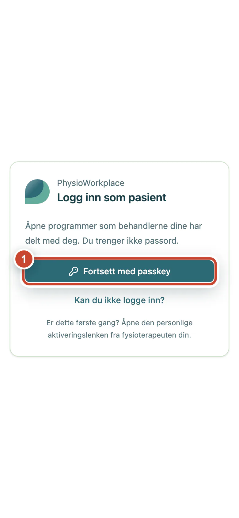 Pasientinnloggingen med knappen Fortsett med passkey fremhevet.