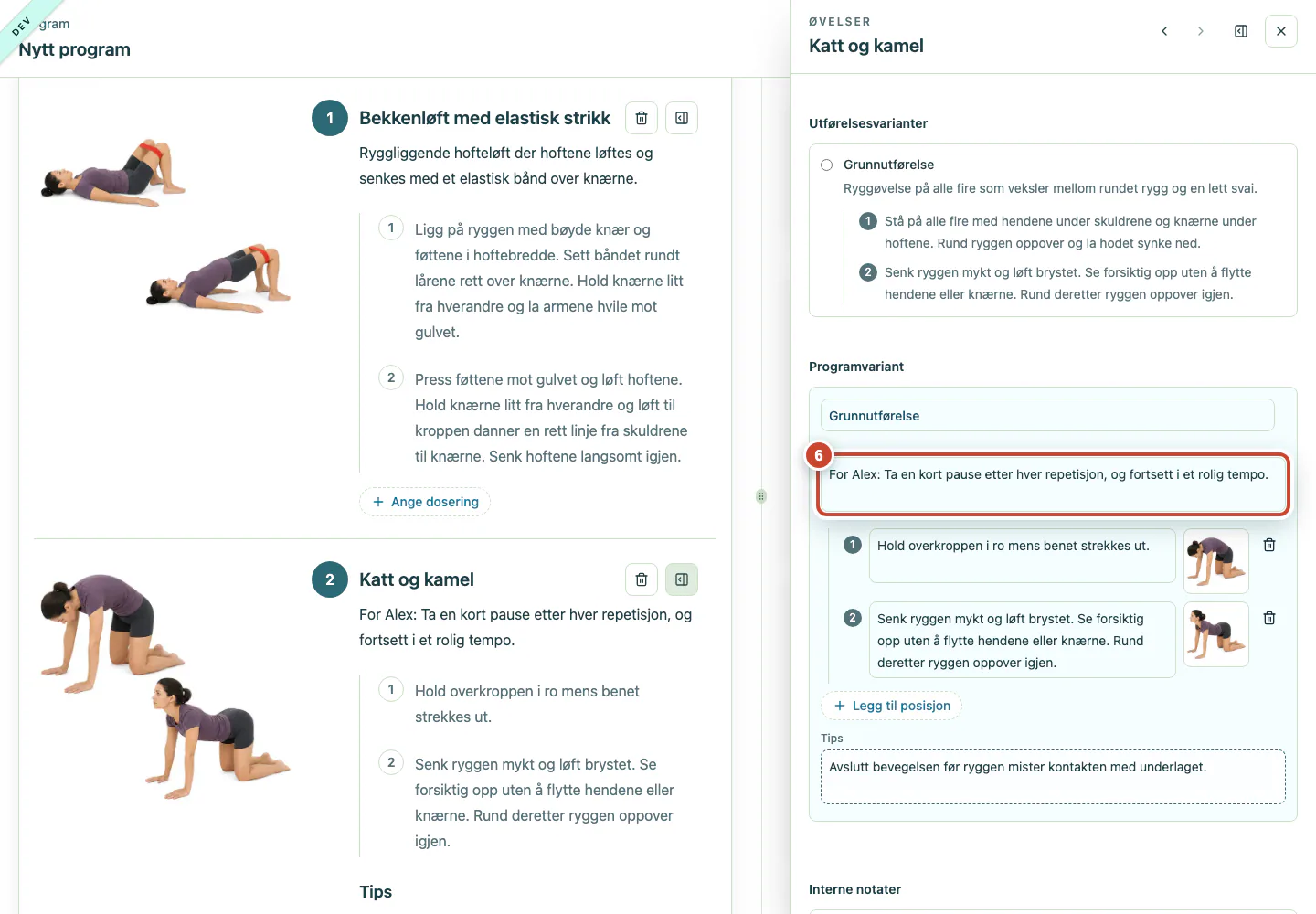 Programmalens variantredigering med tilpasset instruksjon, posisjonsinstruksjon og tips.