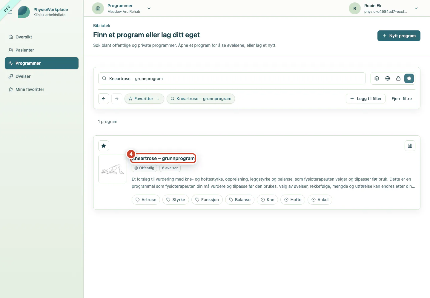 Favorittprogrammallen i den filtrerte resultatlisten.