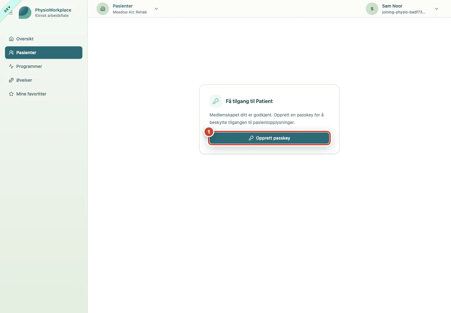 Siden som krever en passkey for beskyttet pasienttilgang.