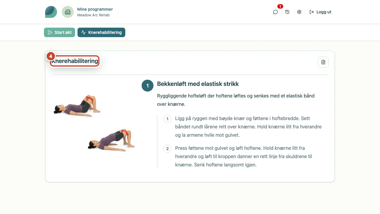 Pasientens visning med det leverte programmet Knerehabilitering.