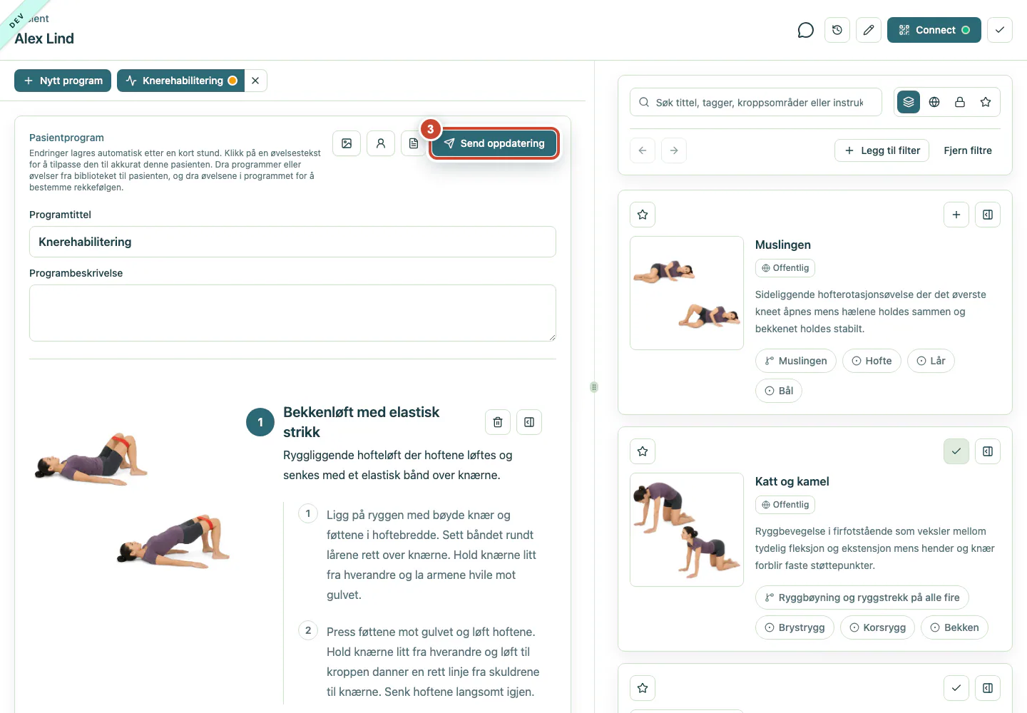 Pasientprogrammet med knappen Send oppdatering markert.