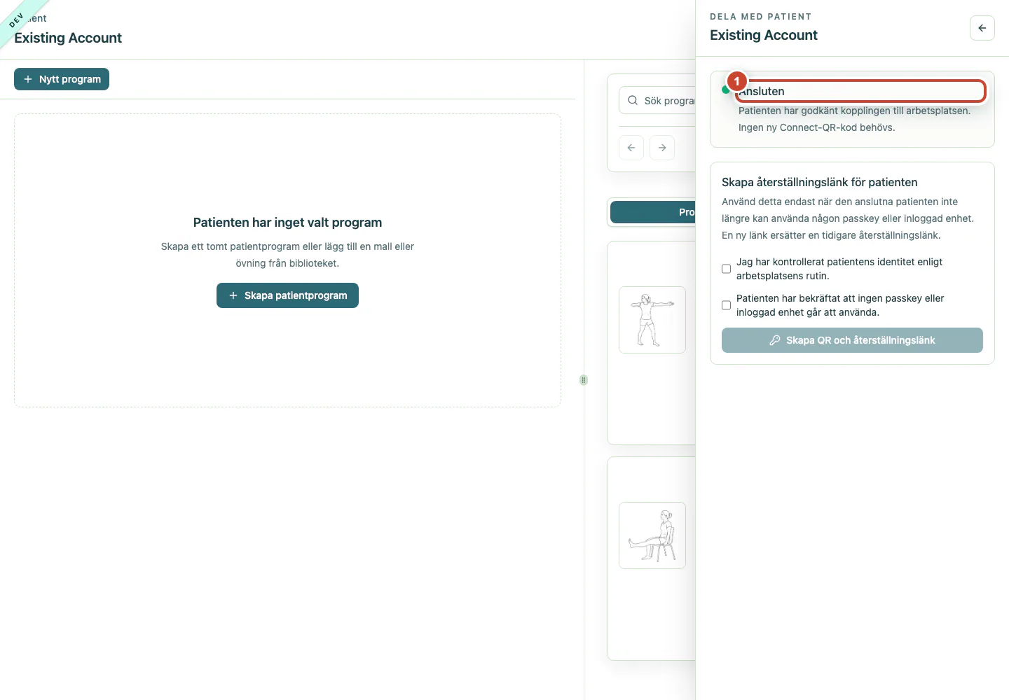 Patientens Connect-panel med statusen Ansluten markerad.