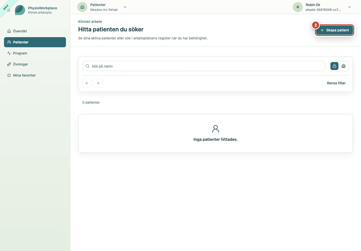 Patientregistret med knappen Skapa patient markerad.