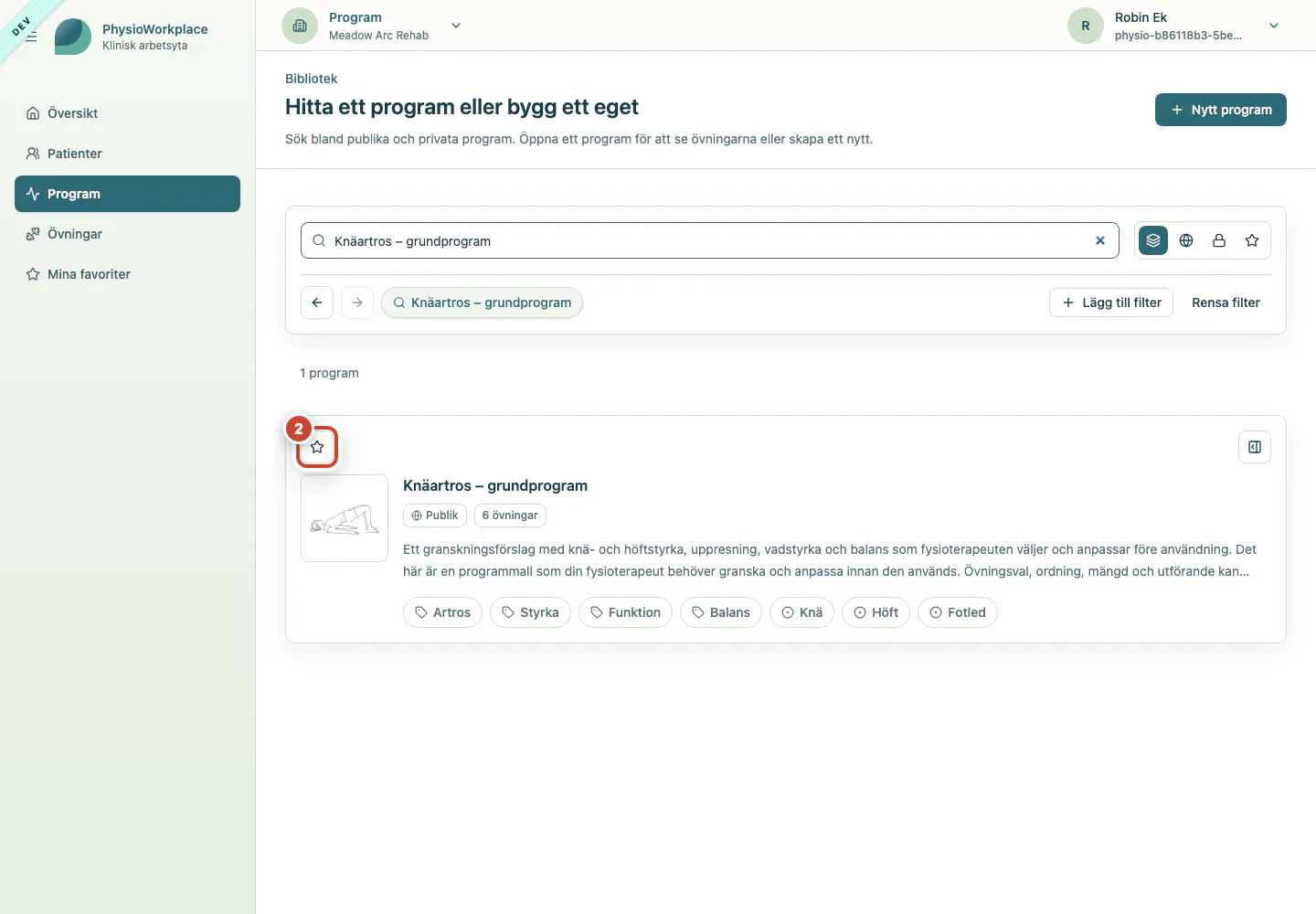 Programkortet med favoritknappen markerad.